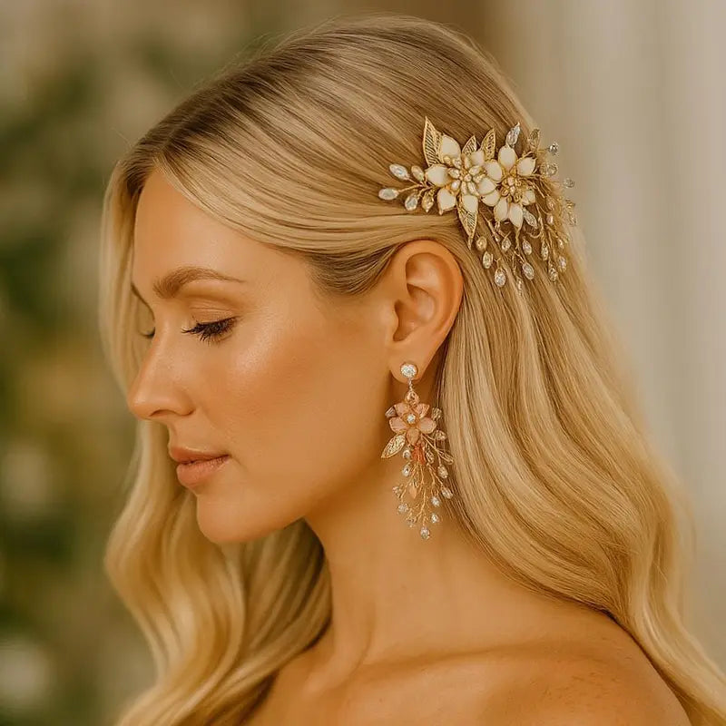 Romantic Gold Bridal Hair Comb with Ivory Flowers, Crystal Leaves & Pearl Accents — Wedding Hair Accessory for Brides