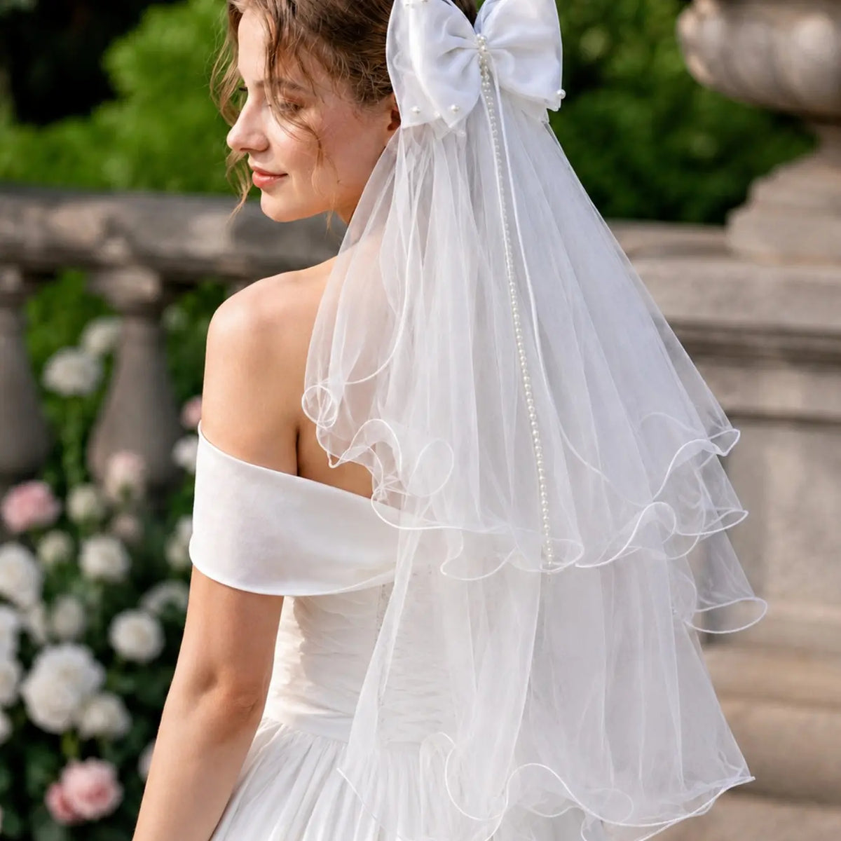 White Wedding Bow Veil Clip, Layered Satin Organza Bow with Double Tulle Veil, Pearl Accent Hairpiece for Bride, Bridal Shower, Ceremony, Engagement Photos, Western Wedding Veil, Wedding Veils for Brides, The Wedding Veil