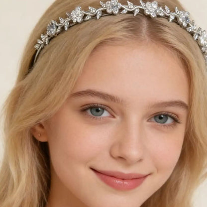 Women Silver Color Floral Crystal Headband, Bridal & Party Hair Accessory, Shiny Rhinestone Tiara, 1pc Glamour Elegant Design