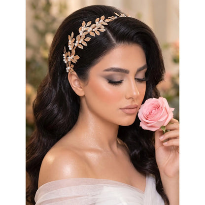 Luxurious Artificial Pearl Alloy Leaf Hairband, Fashionable Bride Headband, Perfect for Wedding Dance Party Photography