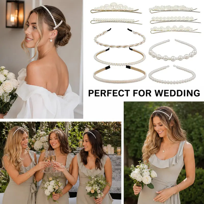 Women's Non-Slip Imitation Pearl Hairband & Clip Set - 5 Pearl Headbands and 5 Hair Clips, Adjustable Band, One Size Fits All, All-Day Wear, Bridesmaids' Wedding Events Fashion Hair Accessories