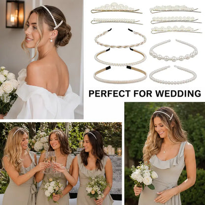 Women's Non-Slip Imitation Pearl Hairband & Clip Set - 5 Pearl Headbands and 5 Hair Clips, Adjustable Band, One Size Fits All, All-Day Wear, Bridesmaids' Wedding Events Fashion Hair Accessories