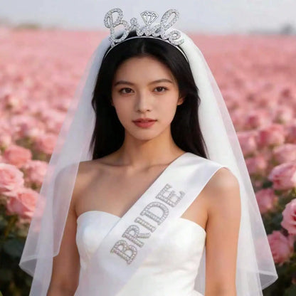 3-Piece Bridal Set Including Veil Rhinestone Hairband Pearl Bride sash Perfect for Bride shower Bridesmaid Photoshoots Bachelorette Party Costume Gift Trailing Veil Wedding Veil Wedding Veils for Brides