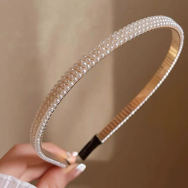 Women's Non-Slip Imitation Pearl Hairband & Clip Set - 5 Pearl Headbands and 5 Hair Clips, Adjustable Band, One Size Fits All, All-Day Wear, Bridesmaids' Wedding Events Fashion Hair Accessories