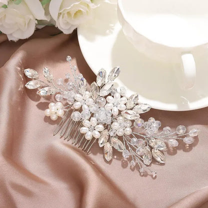 Women's Beautiful Dainty Silver Pearl Bridal Head Comb - Adjustable Size Alloy Wire Accessory for Bridal Shower, Wedding Ceremony (HC034, 1 Silver)
