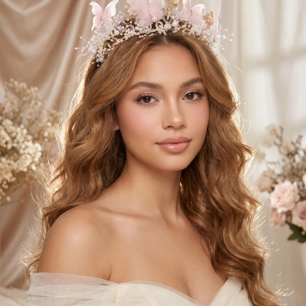Dreamy Lace Butterfly Crown, Adjustable Rhinestone Artificial Pearl Headband, Wedding Birthday Party Accessory, Boho Style Hair Decor, Bridal Headband