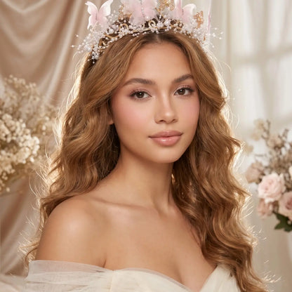 Dreamy Lace Butterfly Crown, Adjustable Rhinestone Artificial Pearl Headband, Wedding Birthday Party Accessory, Boho Style Hair Decor, Bridal Headband
