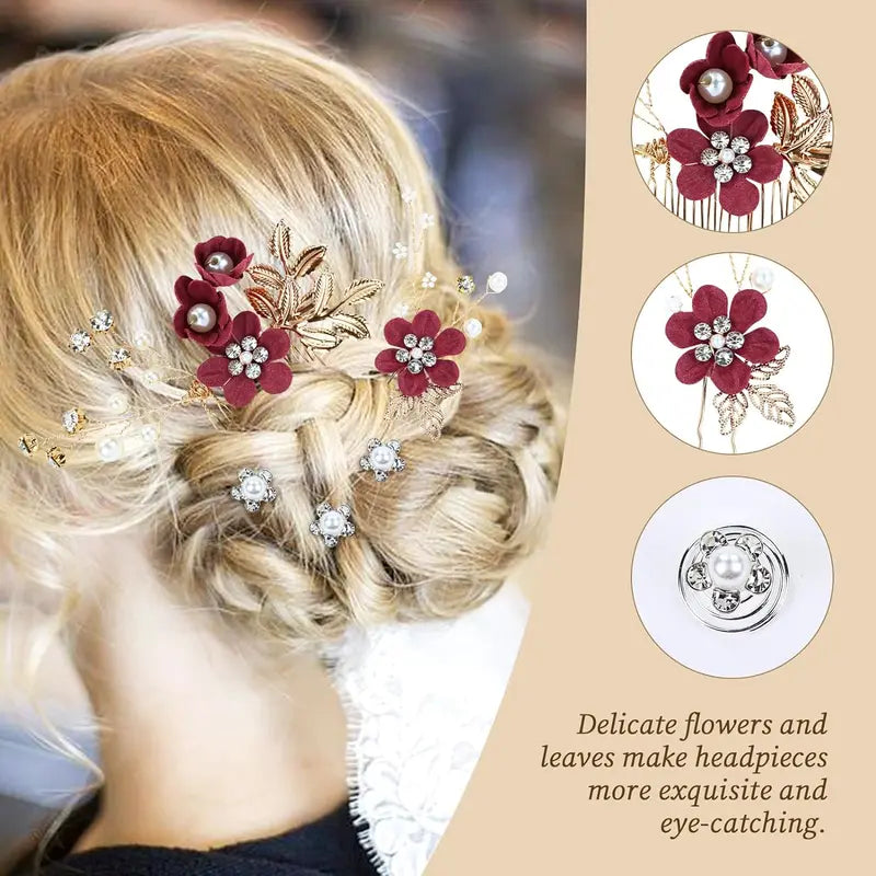 Women's Purple Floral Shape Hair Pins Set - 18-Piece Multiple Pieces with Pearl Accents, Rhinestones, Clip-In Design, Cruelty-Free Prom Bridal Headwear for 24-Hour Wear