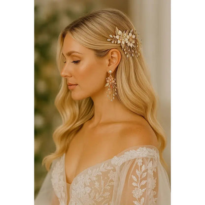 Romantic Gold Bridal Hair Comb with Ivory Flowers, Crystal Leaves & Pearl Accents — Wedding Hair Accessory for Brides