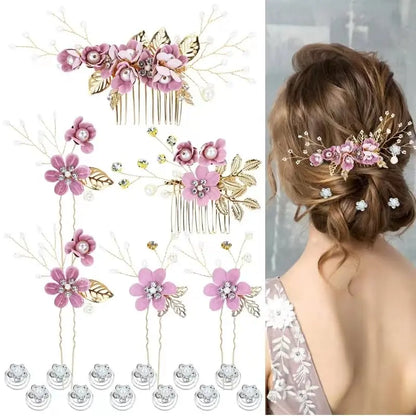 Women's Purple Floral Shape Hair Pins Set - 18-Piece Multiple Pieces with Pearl Accents, Rhinestones, Clip-In Design, Cruelty-Free Prom Bridal Headwear for 24-Hour Wear