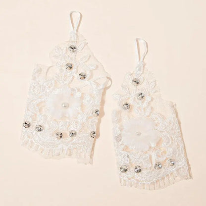 Women's White Tulle Lace Short Fingerless Gloves - Flower-Embellished Rhinestone Motif, Wedding Party Fashion Accessory, Flowers