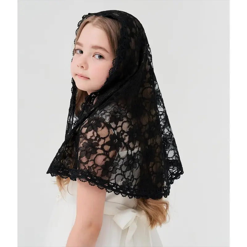 Girls Black Veils - D Shaped Mantilla Chapel Veil for Funeral, Memorial Service - Floral Design Head Cover for Toddler Girls K4 (Black Veil) : Clothing, Shoes & Jewelry