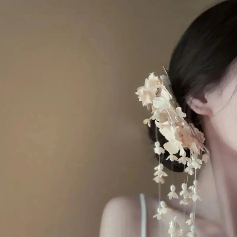 New New Chinese Style Flower Hairpin Pearl Luxury Tassel Side Clip Side Clip Bridal Headwear
