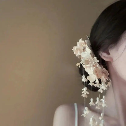 New New Chinese Style Flower Hairpin Pearl Luxury Tassel Side Clip Side Clip Bridal Headwear