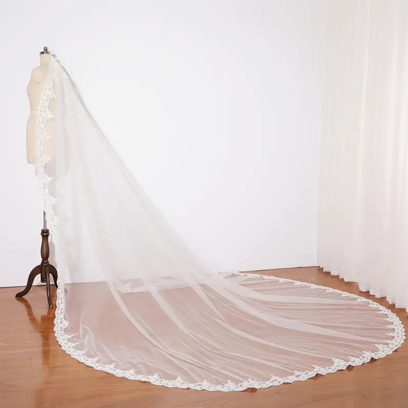 Extra wide wedding  bridal veil, Ivory lace bridal veil, Handmade cathedral wedding veil, Small flowery veil, Retro church veil, Elegant tulle veil for wedding dress