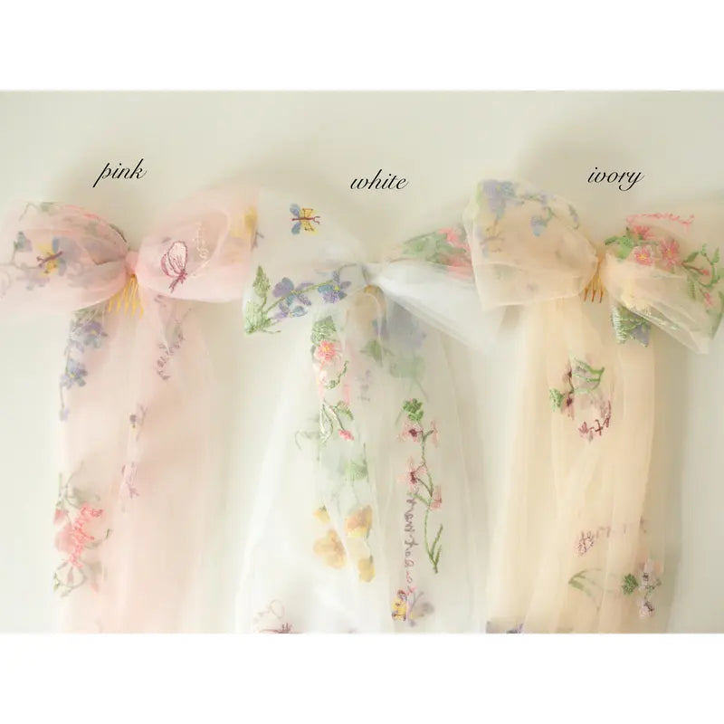 Botanical bow veil, Veil alternative, Unique veil, Embroidered flowers with names veil, Bachelorette bow, Bridal shower hair