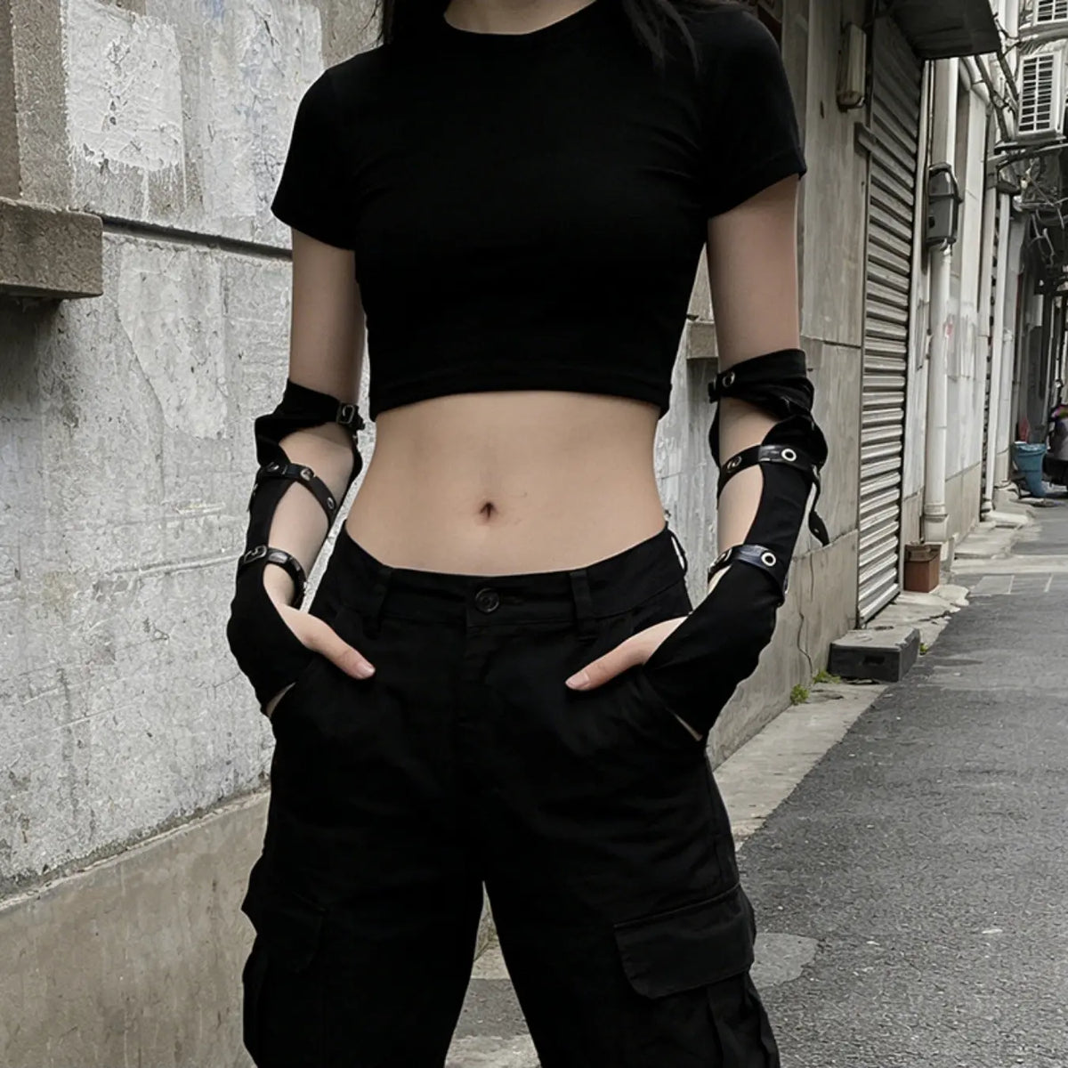 Black Gothic Women's Gloves, Plain Pattern Punk Hollow-out Arm Cuffs for Street Fashion Girls & Dancing