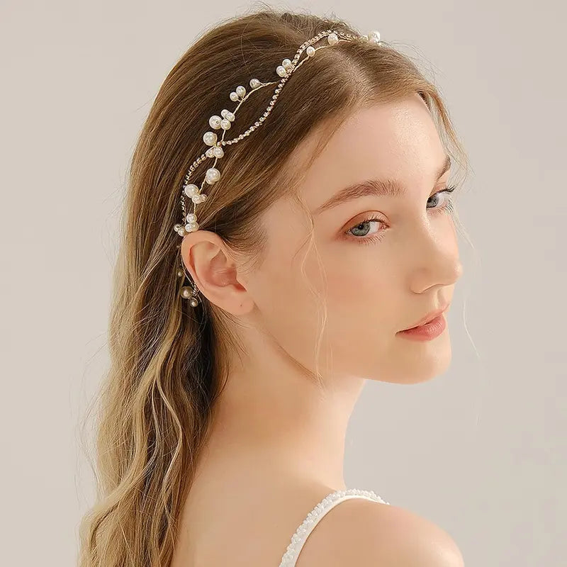 Women's Gold Vine Bridal Headband - Elegant Wedding Hair Accessory with Faux Pearls, Sparkling Rhinestones, Rhinestone Trim, Jewelry Care Instructions, Default Western Bridal Headwear (no)