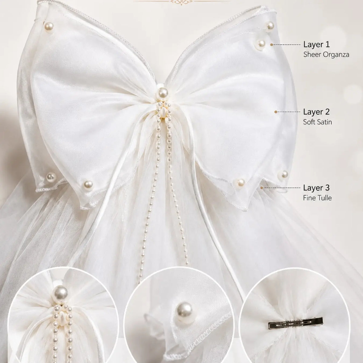 White Wedding Bow Veil Clip, Layered Satin Organza Bow with Double Tulle Veil, Pearl Accent Hairpiece for Bride, Bridal Shower, Ceremony, Engagement Photos, Western Wedding Veil, Wedding Veils for Brides, The Wedding Veil