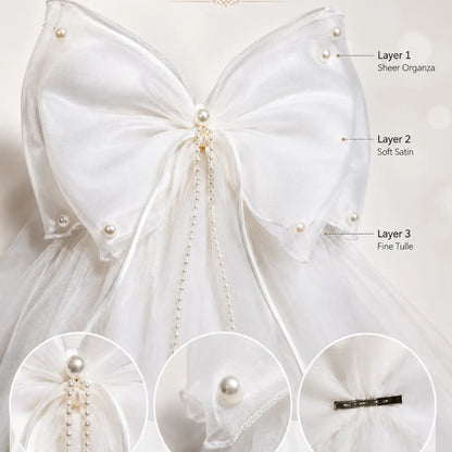 White Wedding Bow Veil Clip, Layered Satin Organza Bow with Double Tulle Veil, Pearl Accent Hairpiece for Bride, Bridal Shower, Ceremony, Engagement Photos, Western Wedding Veil, Wedding Veils for Brides, The Wedding Veil