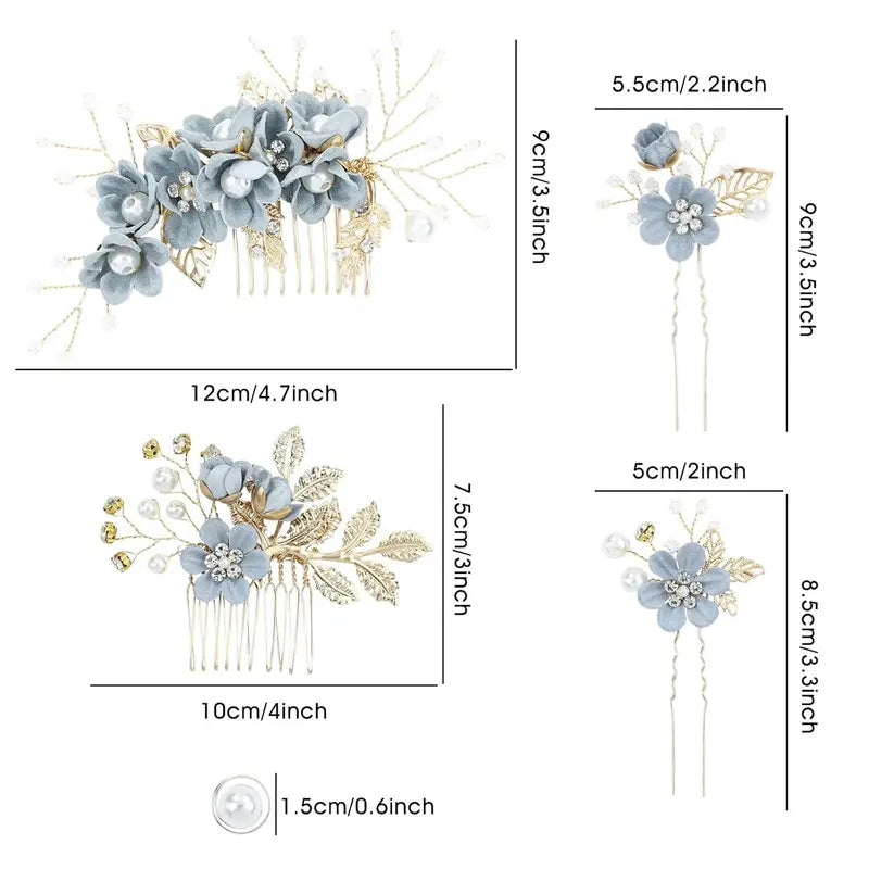 Women's 20-Pack Handmade Dusty Blue Bridal Hair Accessories Set - Unique Ceremony & Dance DIY Hairstyles Classy Flower Side Combs, Floral Hair Pins, Twist Pearl Spiral Clips, Tiara (Formal Prom Headpieces)