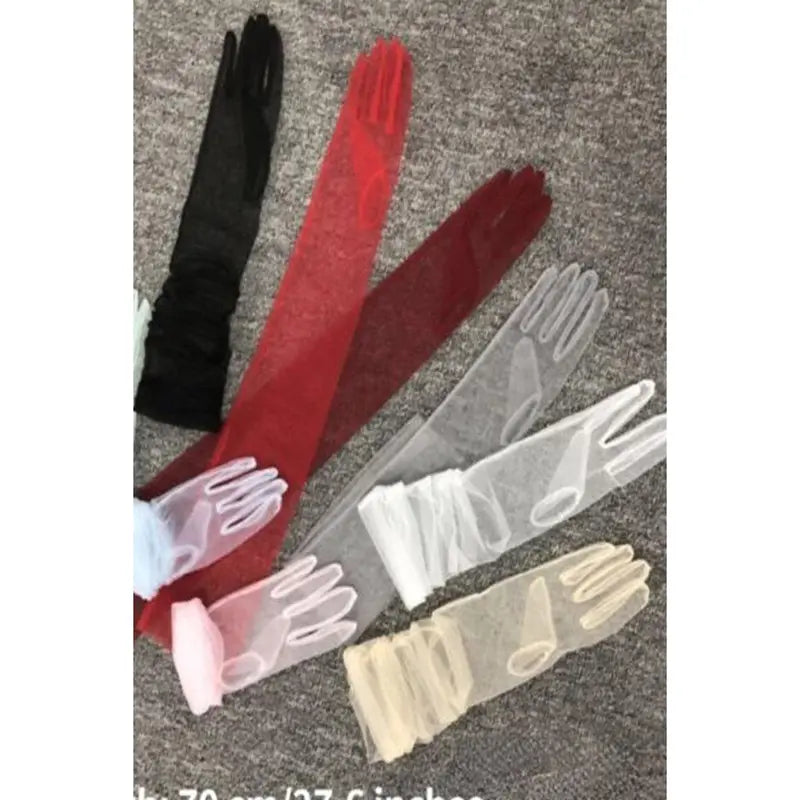 Bridal Over-Elbow Full Finger Gloves - One Size, Ultra-Thin Solid Tulle Fabric, Breathable Loose Fit, Transparent See-Through, for Brides, Formal Events, Proms