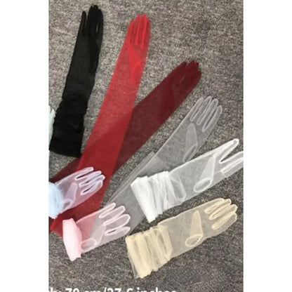 Bridal Over-Elbow Full Finger Gloves - One Size, Ultra-Thin Solid Tulle Fabric, Breathable Loose Fit, Transparent See-Through, for Brides, Formal Events, Proms