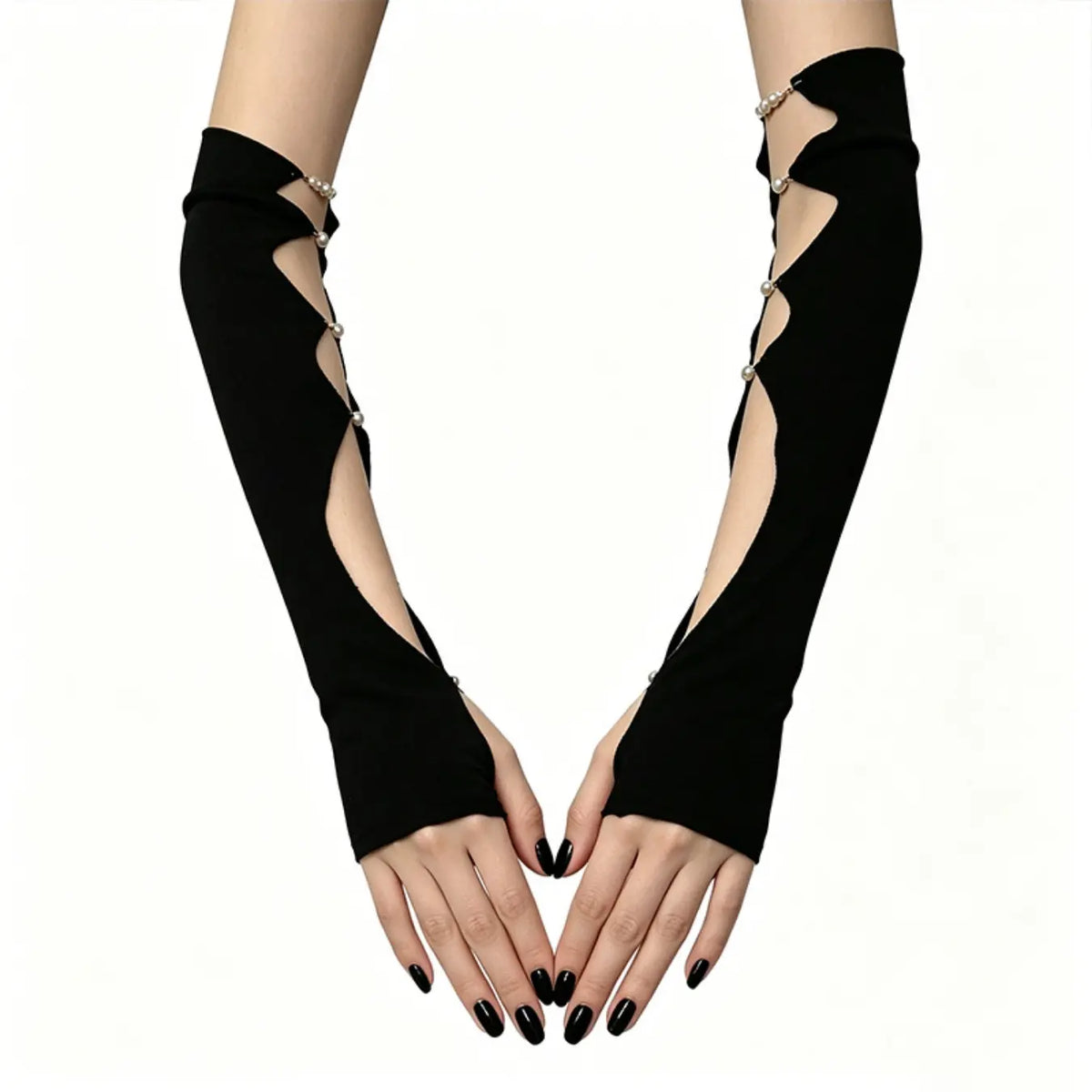 Hollow-out Sexy Arm Sleeves with Pearls for Subculture, Niche Y2K & Dark Gothic Thin Gloves