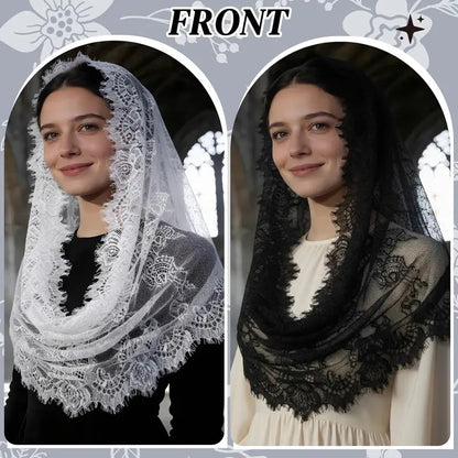 4 Pcs Spanish Infinity Veils for Church with Gloves Catholic Lace Traditional Vintage Mantilla Bridal Wedding Head Covering Set White Black Latin Mass Veils for Christian Halloween