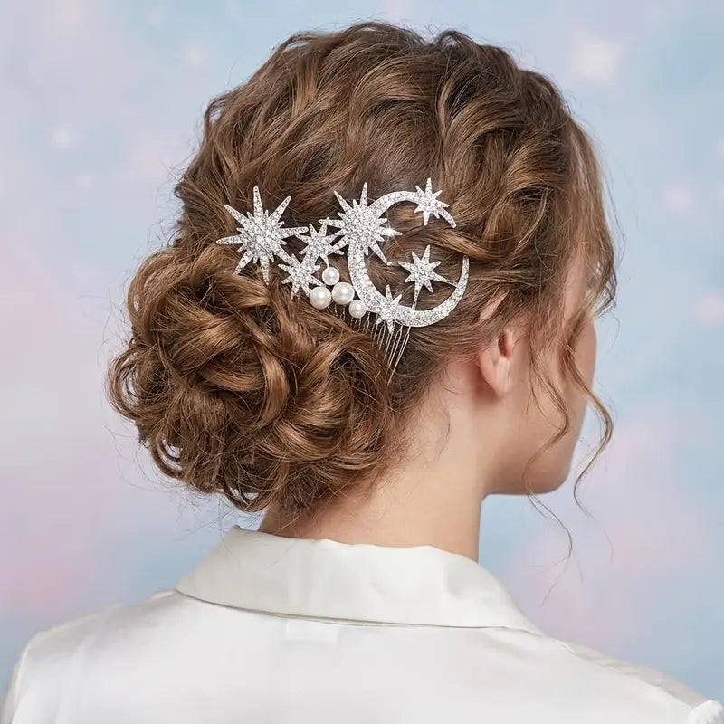 1pc Silvery Rhinestones Pearl Celestial Star-Moon Hair Comb - Bridal Headpiece, Crystal Clip, Sparkling Accessory for Weddings, Evening Wear, 1-Piece Fashion Accent