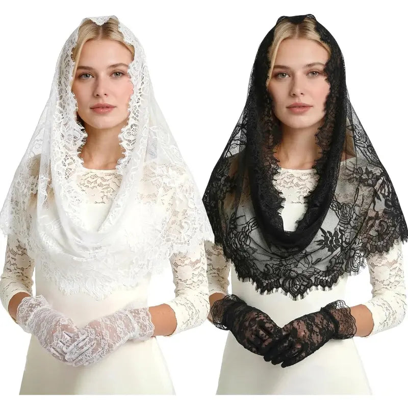 4 Pcs Spanish Infinity Veils for Church with Gloves Catholic Lace Traditional Vintage Mantilla Bridal Wedding Head Covering Set White Black Latin Mass Veils for Christian Halloween