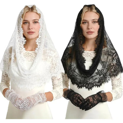 4 Pcs Spanish Infinity Veils for Church with Gloves Catholic Lace Traditional Vintage Mantilla Bridal Wedding Head Covering Set White Black Latin Mass Veils for Christian Halloween