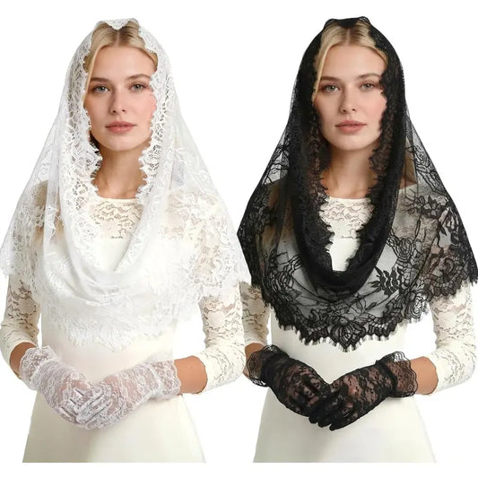 4 Pcs Spanish Infinity Veils for Church with Gloves Catholic Lace Traditional Vintage Mantilla Bridal Wedding Head Covering Set White Black Latin Mass Veils for Christian Halloween