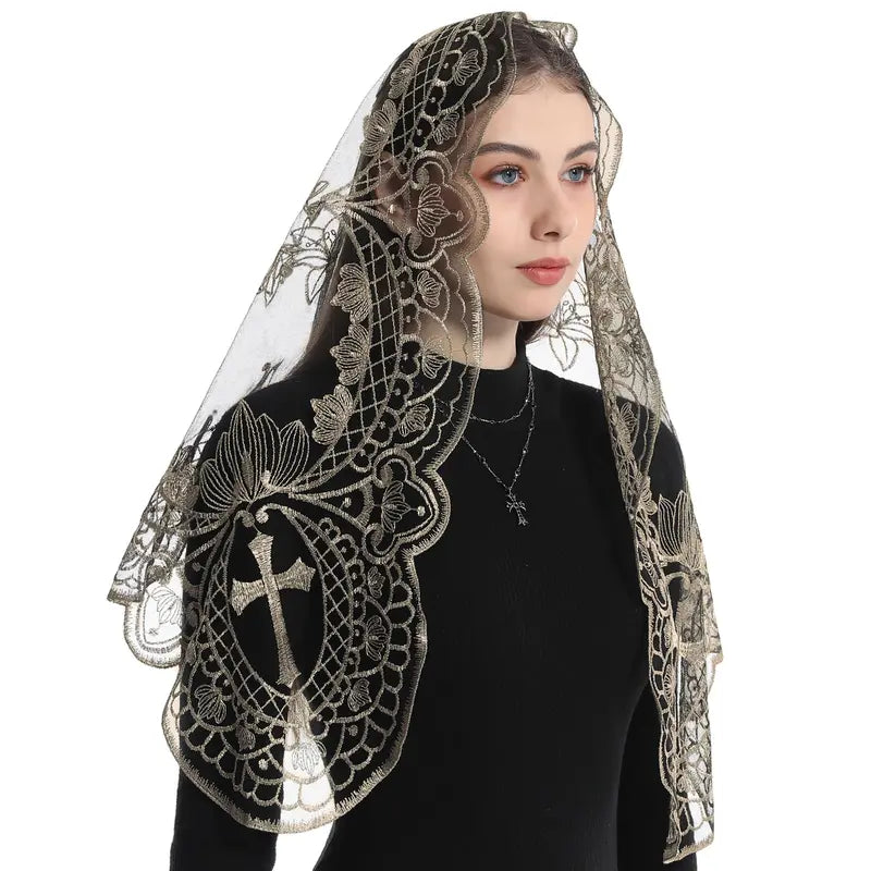 BOZIDOL White Triangle Veil -Lace Mantilla Catholic Church Chapel Veil Head Covering Latin Mass For Women