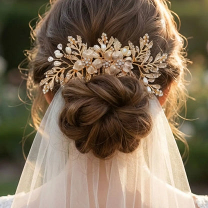 French Vintage Pearl Rhinestone Hair Comb, Stunning Bride Wedding Headpiece, Gold Leaf Hair Pin, Bridesmaid Photo Shoot Accessory