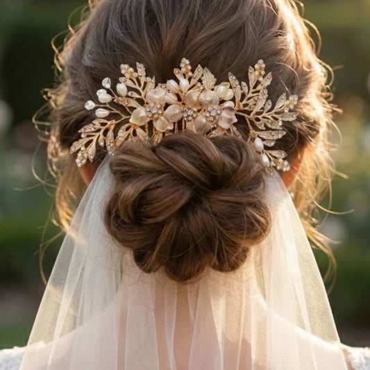 French Vintage Pearl Rhinestone Hair Comb, Stunning Bride Wedding Headpiece, Gold Leaf Hair Pin, Bridesmaid Photo Shoot Accessory