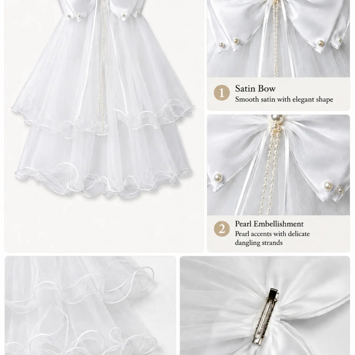 White Wedding Bow Veil Clip, Layered Satin Organza Bow with Double Tulle Veil, Pearl Accent Hairpiece for Bride, Bridal Shower, Ceremony, Engagement Photos, Western Wedding Veil, Wedding Veils for Brides, The Wedding Veil