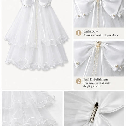 White Wedding Bow Veil Clip, Layered Satin Organza Bow with Double Tulle Veil, Pearl Accent Hairpiece for Bride, Bridal Shower, Ceremony, Engagement Photos, Western Wedding Veil, Wedding Veils for Brides, The Wedding Veil