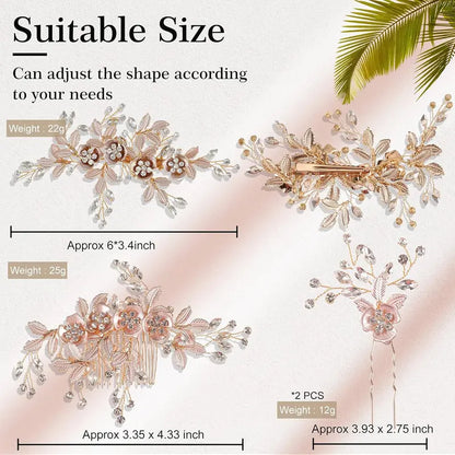4 PCS Bridal Rose Gold Hair Accessories for Brides and Bridesmaids Rhinestone Hair Pins Crystal Flower Barrette Wedding Combs with Leaves sohochic