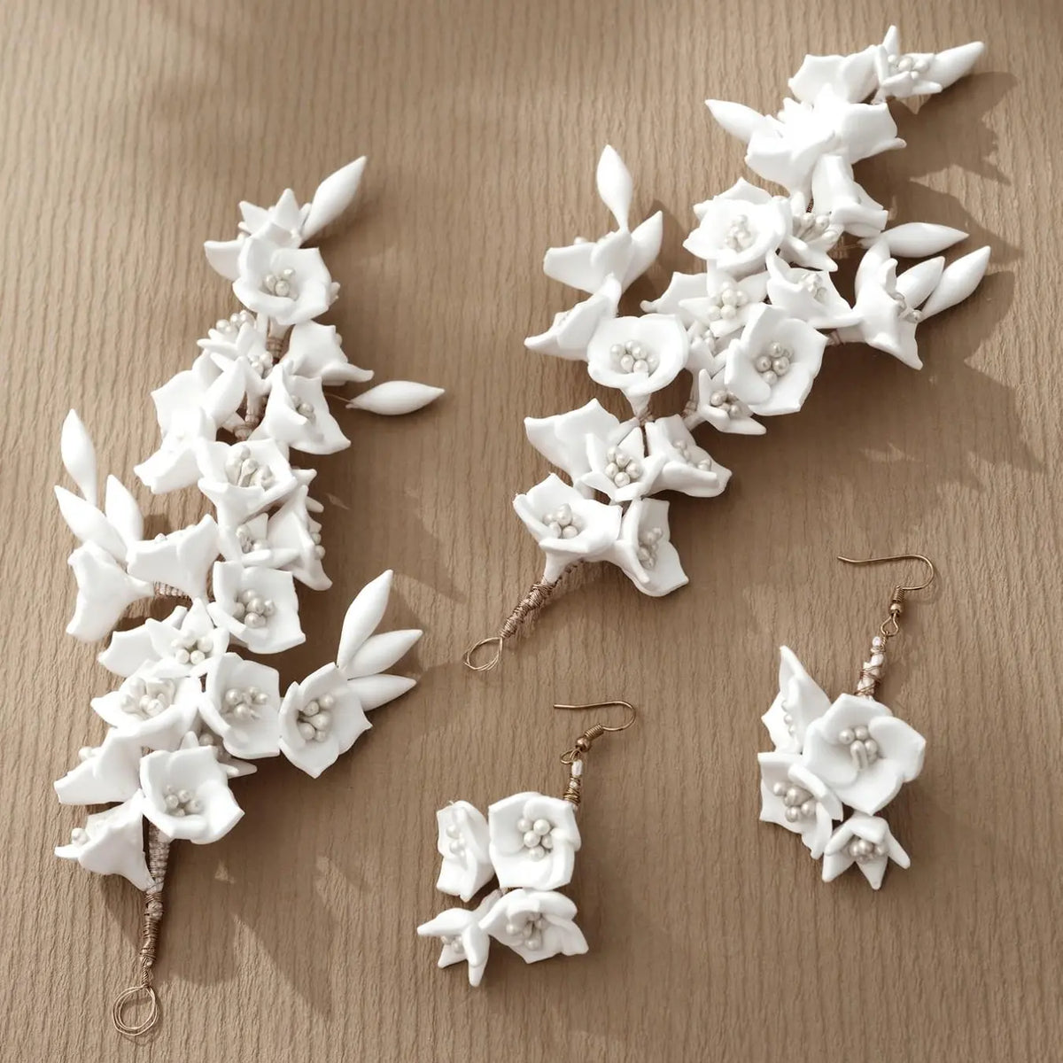 Elegant Handmade Soft Clay Flower Pearl Hair Sticks Earrings Set, Wedding Bridal Accessories for Photography, 4 Piece Forest Style Jewelry
