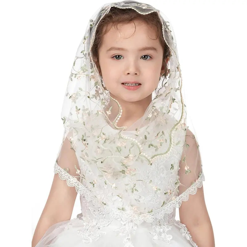 Girls' Infinity Lace Fabric Mantilla Chapel Veil - Catholic Ceremony Accessory for First Communion, Baptism (White D)