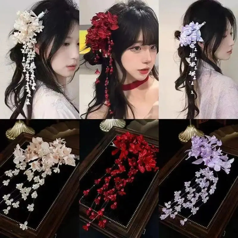 New New Chinese Style Flower Hairpin Pearl Luxury Tassel Side Clip Side Clip Bridal Headwear