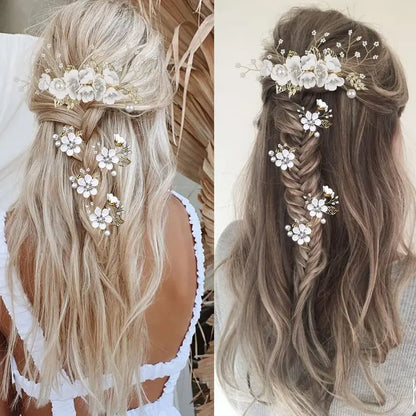 5 PCS Bridal Flower Wedding Hair Pins Crystal Pearl Hair Clips Headpiece Gold Wedding Hair Accessories Jewelry with Rhinestone for Brides Bridesmaids Women Girls Updo (Pure White Flower)