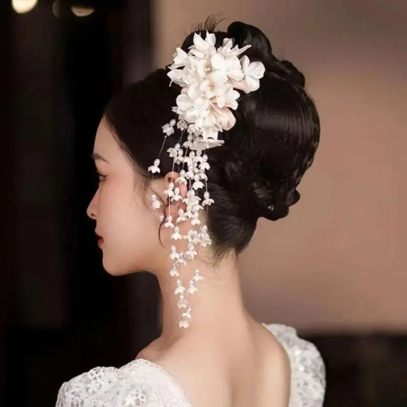 New New Chinese Style Flower Hairpin Pearl Luxury Tassel Side Clip Side Clip Bridal Headwear