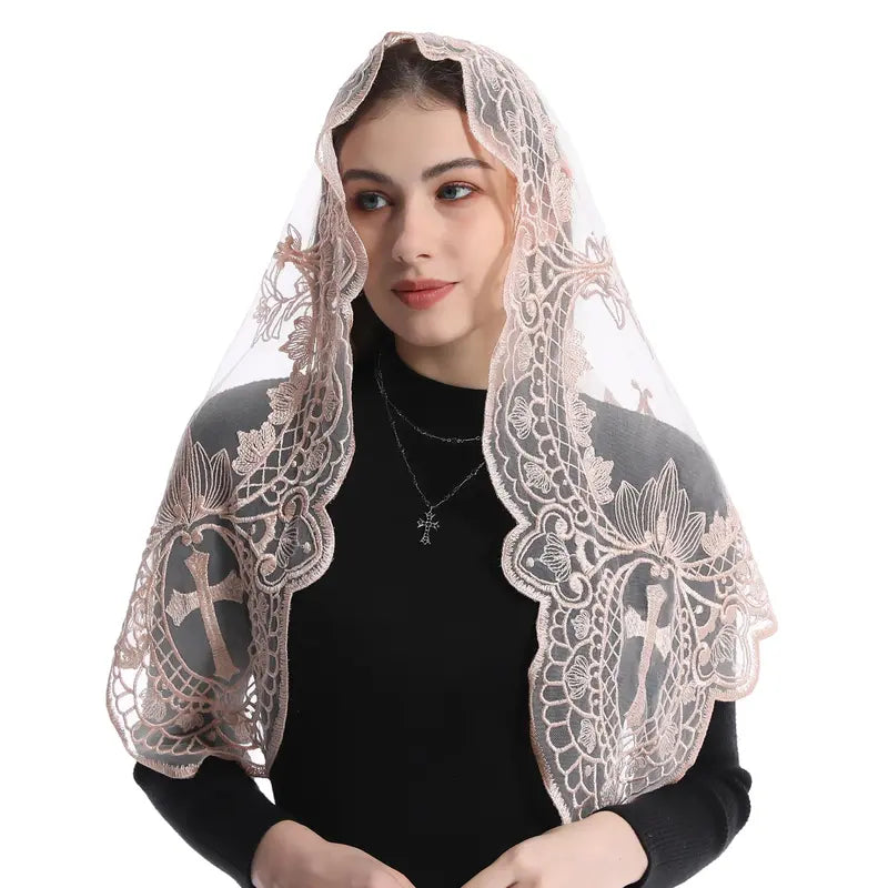 BOZIDOL White Triangle Veil -Lace Mantilla Catholic Church Chapel Veil Head Covering Latin Mass For Women