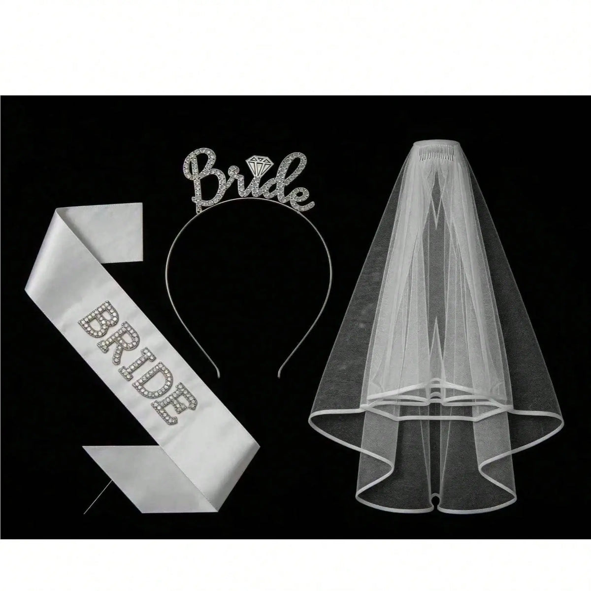 3-Piece Bridal Set Including Veil Rhinestone Hairband Pearl Bride sash Perfect for Bride shower Bridesmaid Photoshoots Bachelorette Party Costume Gift Trailing Veil Wedding Veil Wedding Veils for Brides