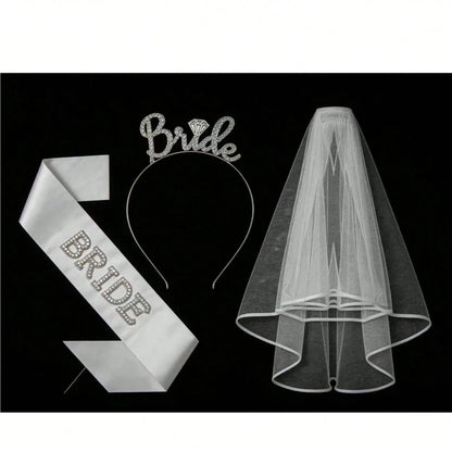 3-Piece Bridal Set Including Veil Rhinestone Hairband Pearl Bride sash Perfect for Bride shower Bridesmaid Photoshoots Bachelorette Party Costume Gift Trailing Veil Wedding Veil Wedding Veils for Brides