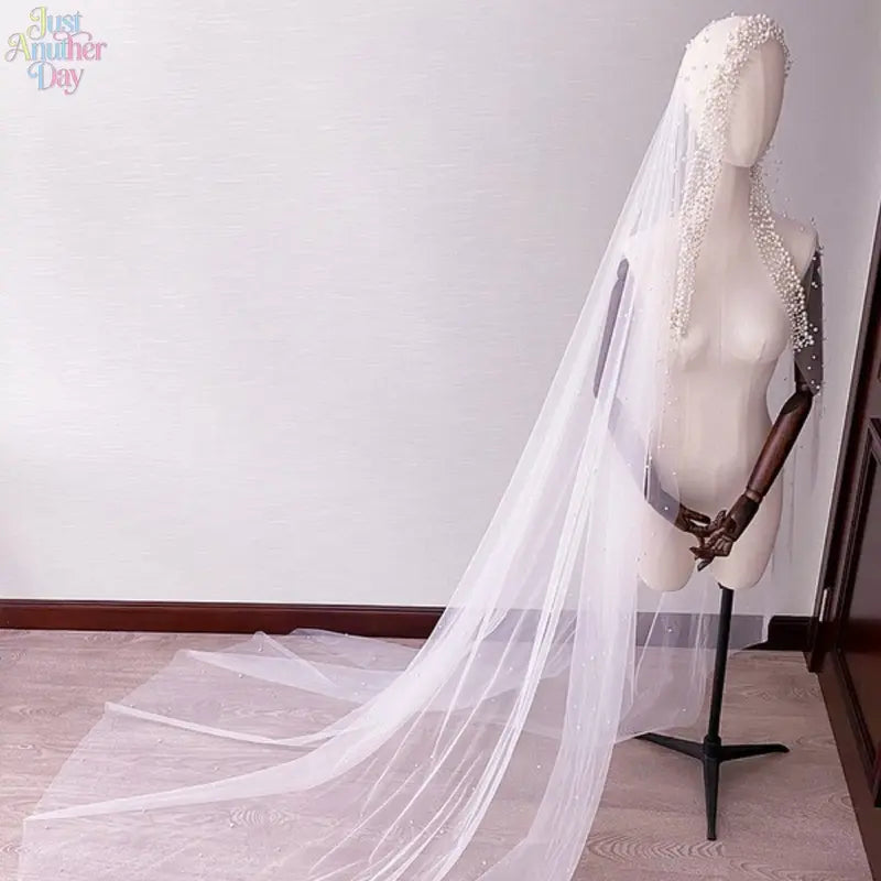 Luxury Pearl Embellished Bridal Veil, Elegant Beaded Long Tulle Wedding Veil, Sheer Face-Covering Veil for Wedding, Photoshoot & Bridal Accessories