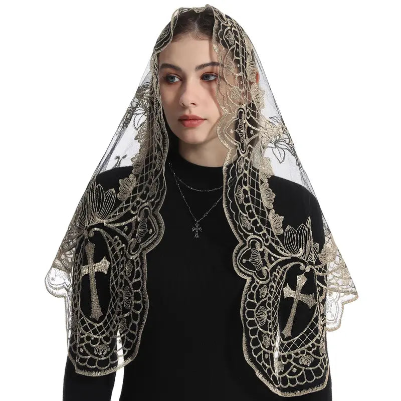 BOZIDOL White Triangle Veil -Lace Mantilla Catholic Church Chapel Veil Head Covering Latin Mass For Women